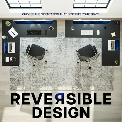 Two office desks with reversible design feature on a light wood floor.