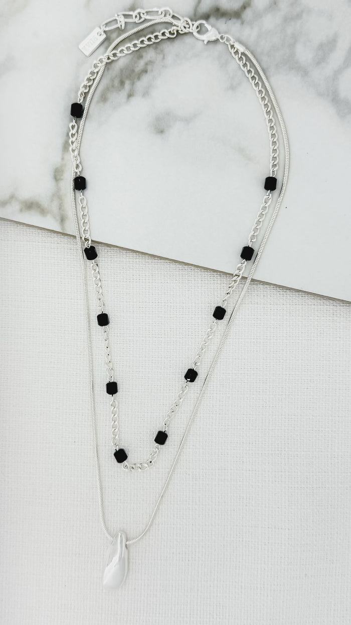 Envy Silver Double Layered Necklace With Pebble Pendant