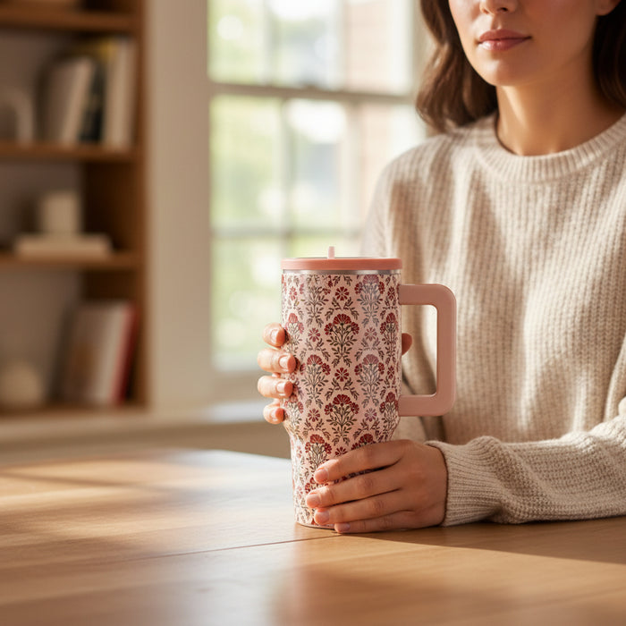 A woman in a cream sweater holds The Darling Effect Everbloom Dusty Rose 20 oz Lifestyle Flip Straw Tumbler, an insulated stainless steel tumbler with a floral pattern and pale pink handle and lid to keep drinks at the perfect temperature.