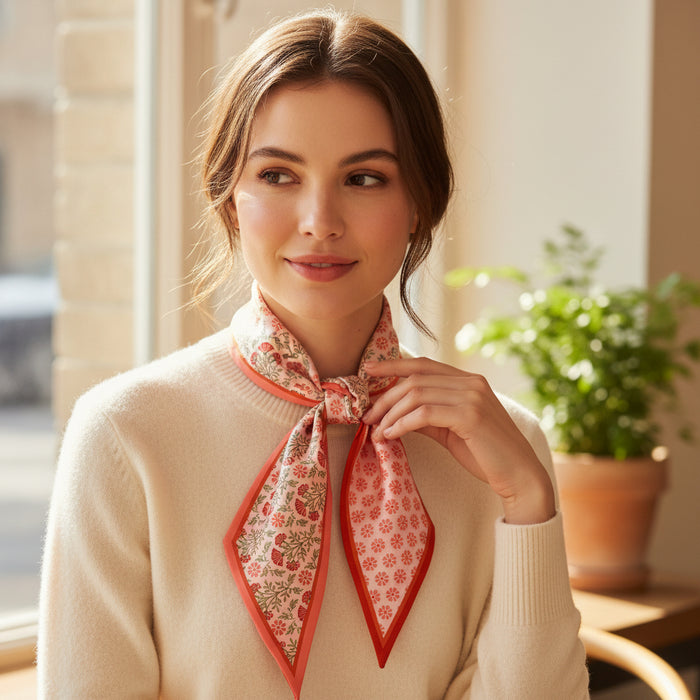 A woman with light brown hair, wearing a cream sweater and The Darling Effect’s Everbloom Dusty Rose Twirl & Tie Scarf Accessory, sits by a sunlit window indoors. A potted plant is in the background. She smiles softly and looks to the side.