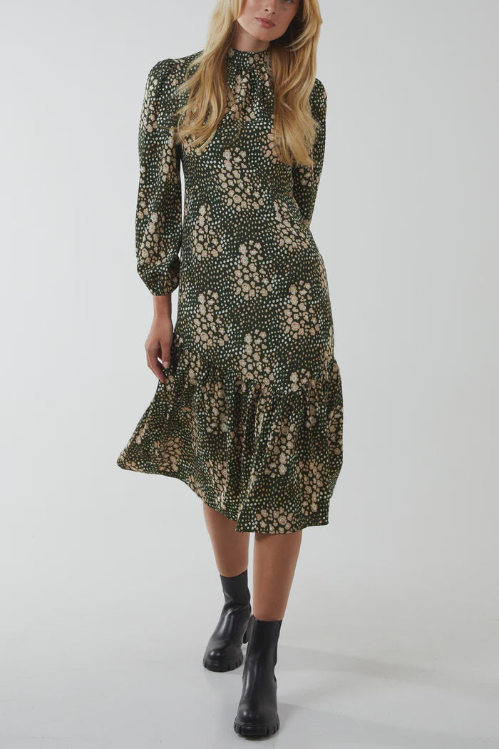 Floral High Neck Tie Back Midi Dress - Green