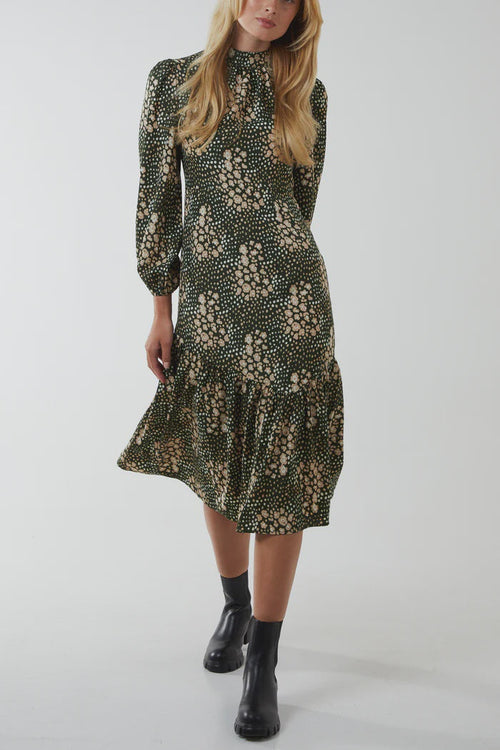 Floral High Neck Tie Back Midi Dress - Green