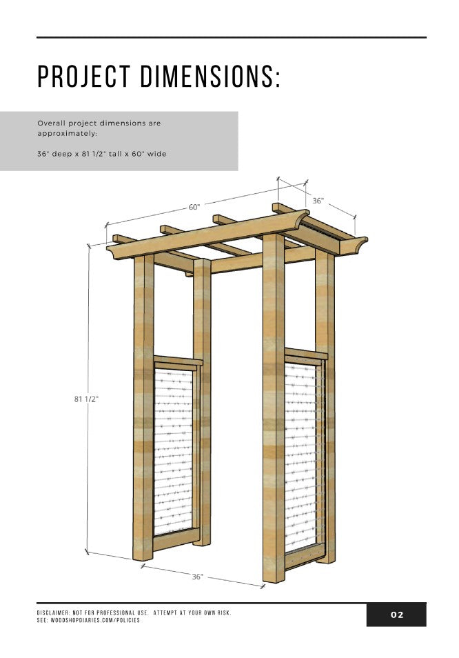 Project dimensions diagram for DIY garden arbor