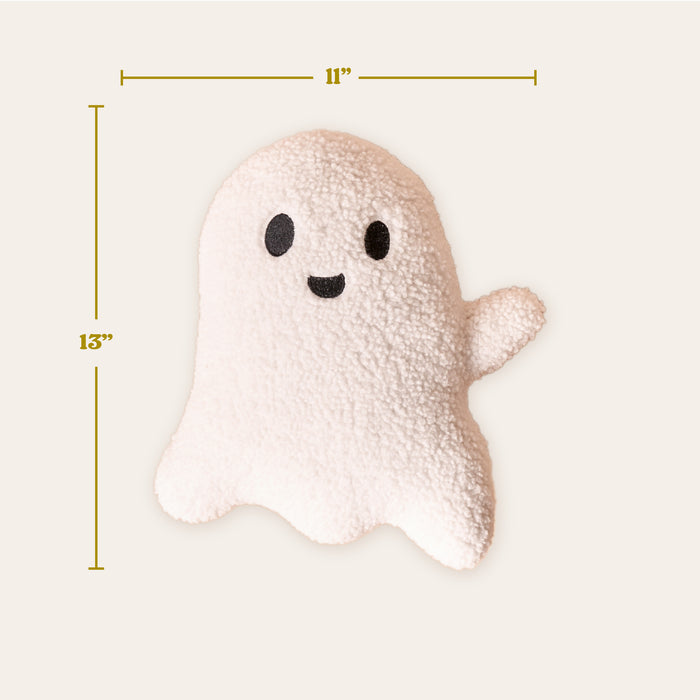The Darling Effect Ghost Throw Pillow is a plush sherpa pillow shaped like a friendly ghost with a smiling face and raised arm. It measures 11" wide by 13" tall—soft, textured, and perfect for Halloween décor.