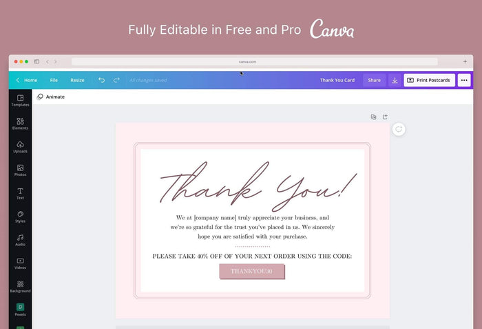 Ladystrategist Giselle Printable Thank You Card Packaging Insert Note Canva Template instagram canva templates social media templates etsy free canva templates