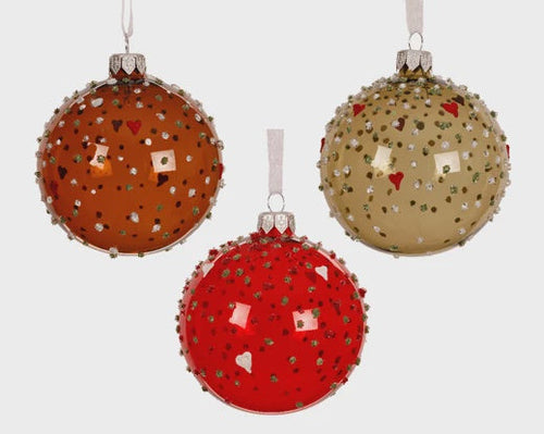 Glitter Hearts & Dots Transparent Glass Bauble - 8cm
