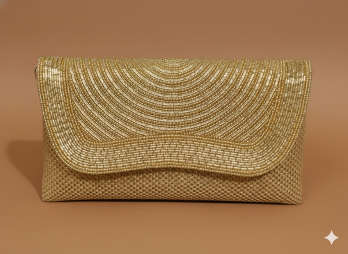 Gold Jute Hand Embellished Clutch – Luxury Evening Beaded Envelope Purse for Women