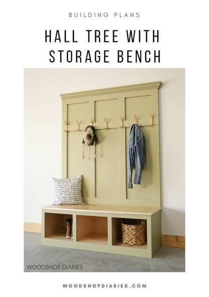 DIY hall tree mudroom storage bench building plans finished sage green hall tree with shaker panel back, coat hooks, and open shoe storage cubbies