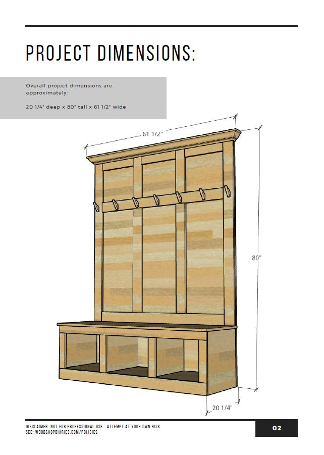 Project dimensions diagram for DIY hall tree mudroom bench 20¼" deep x 80" tall x 61½" wide with coat hook rail and open bench cubbies