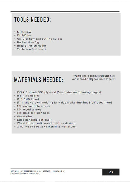 Tools and materials list for DIY hall tree