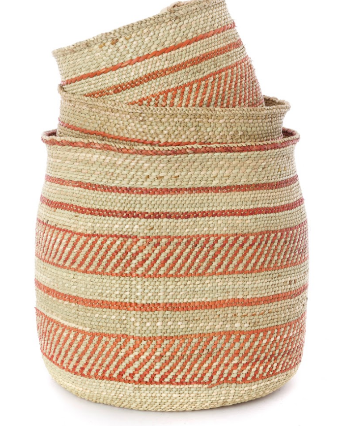 Handwoven Natural Grass Storage Baskets, Rust/Orange Accents, Fair Trade from Tanzania
