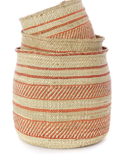 Handwoven Natural Grass Storage Baskets, Rust/Orange Accents, Fair Trade from Tanzania