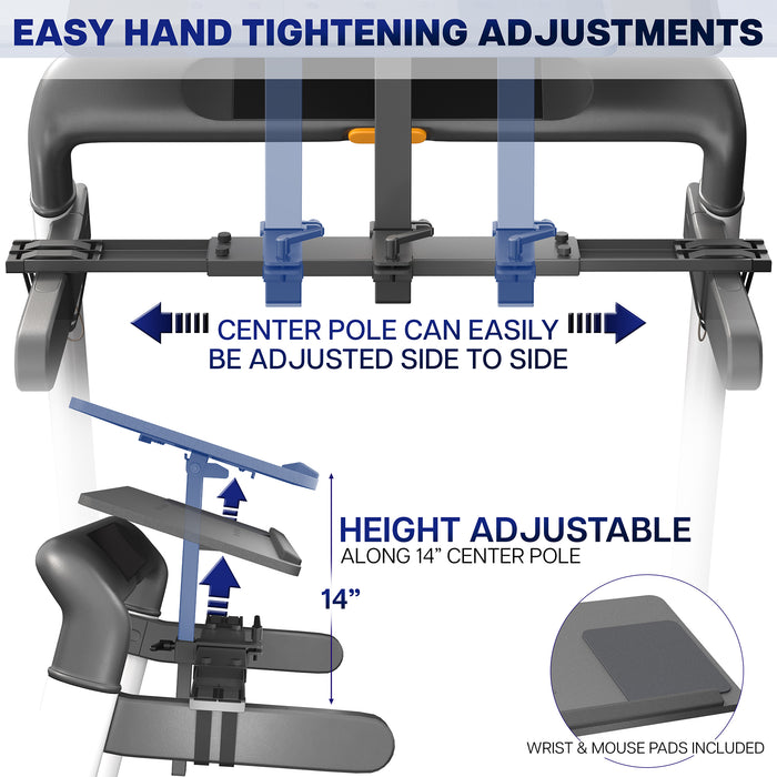 Adjustable treadmill desk with features highlighted, including easy hand tightening adjustments and height and side-to-side adjustments.