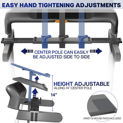 Adjustable treadmill desk with features highlighted, including easy hand tightening adjustments and height and side-to-side adjustments.