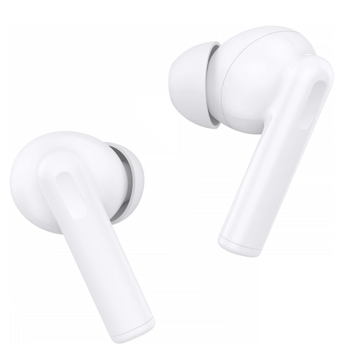 White wireless earbuds on a white background
