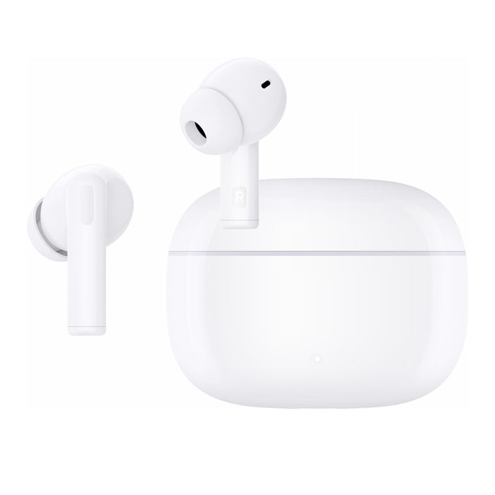 White wireless earbuds with charging case on a white background