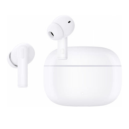 White wireless earbuds with charging case on a white background