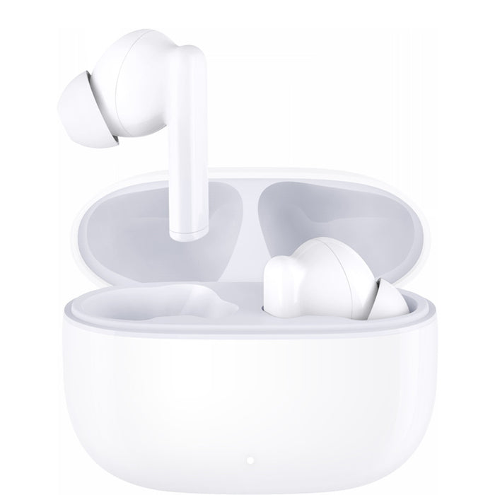 White wireless earbuds in a charging case on a white background