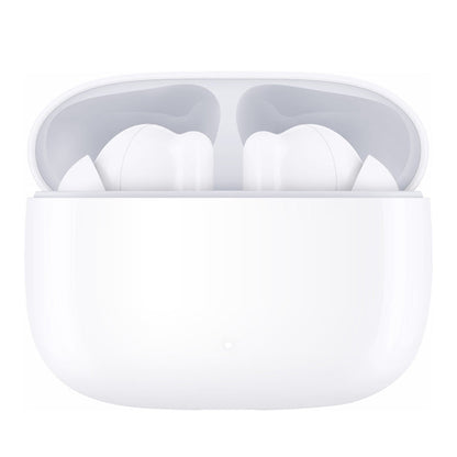 White wireless earbuds in a transparent charging case on a white background
