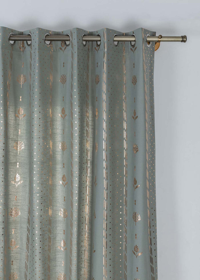 Iniya Green & Copper Ethnic 100% Cotton Copper Printed Curtain For Livingroom / Bedroom | Room Darkening | Single Piece