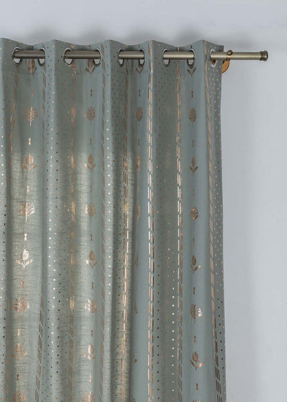 Iniya Green & Copper Ethnic 100% Cotton Copper Printed Curtain For Livingroom / Bedroom | Room Darkening | Single Piece