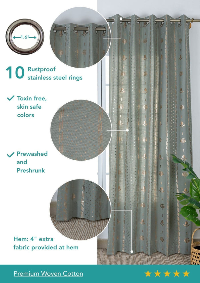 Iniya Green & Copper Ethnic 100% Cotton Copper Printed Curtain For Livingroom / Bedroom | Room Darkening | Single Piece