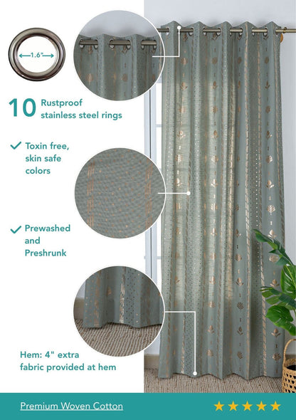 Iniya Green & Copper Ethnic 100% Cotton Copper Printed Curtain For Livingroom / Bedroom | Room Darkening | Single Piece