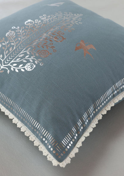 Ivan Blue | Foil Silver Printed Floral |100% Cotton Cushion Cover For Sofa
