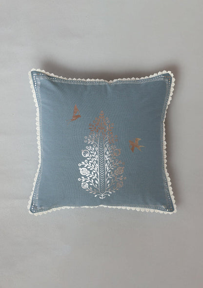 Ivan Blue | Foil Silver Printed Floral |100% Cotton Cushion Cover For Sofa