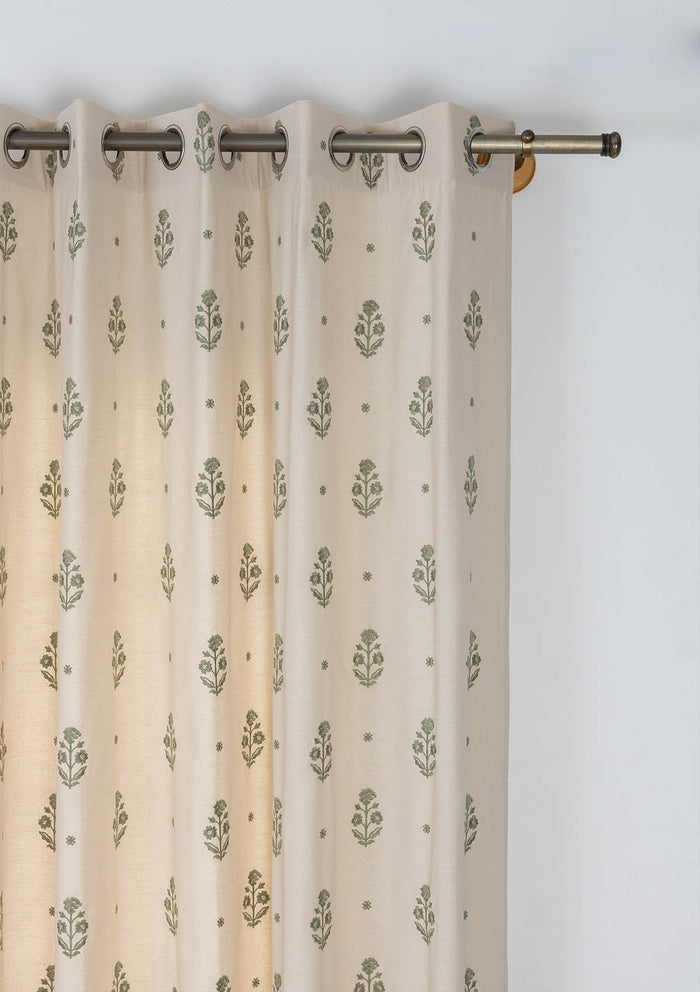 Juhi Green Floral 100% Cotton Embroidered Curtain For Livingroom / Bedroom | Light Reduction | Single Piece