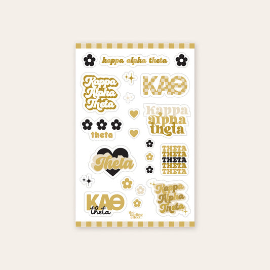 The Darling Effect Kappa Alpha Theta Sticker Sheet features black and gold stickers with ΚΑΘ, hearts, flowers, and fun fonts. Show your sisterhood pride with this decorative sheet in a stylish striped border design.
