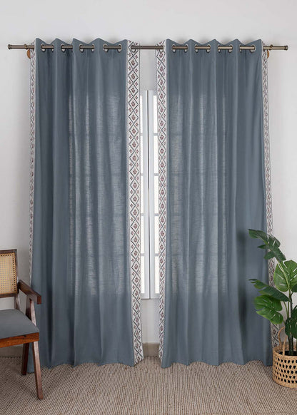 Ketaki Mist Blue & Pink Geometric 100% Cotton Embroidered Curtain For Livingroom / Bedroom | Room Darkening | Single Piece