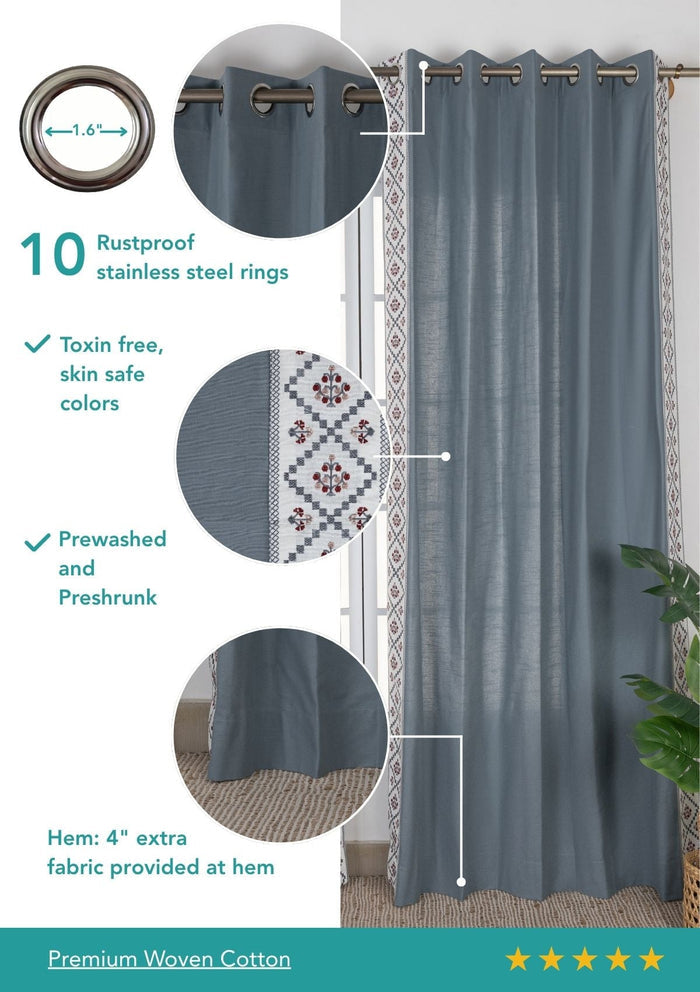 Ketaki Mist Blue & Pink Geometric 100% Cotton Embroidered Curtain For Livingroom / Bedroom | Room Darkening | Single Piece