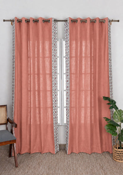 Ketaki Rust Blue & Pink Geometric 100% Cotton Embroidered Curtain For Livingroom / Bedroom | Room Darkening | Single Piece