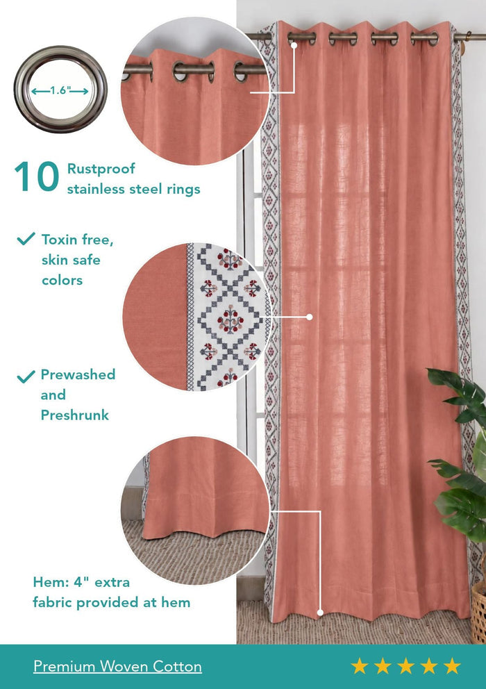 Ketaki Rust Blue & Pink Geometric 100% Cotton Embroidered Curtain For Livingroom / Bedroom | Room Darkening | Single Piece