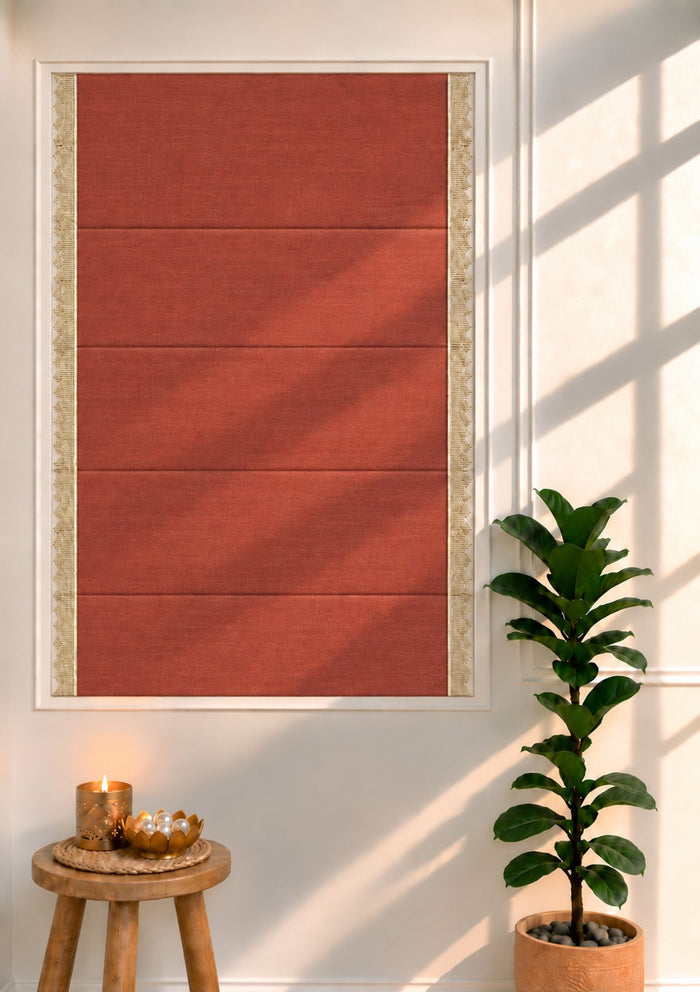 Kinari Brick Red & Gold Ethnic 100% Cotton Textured Blind For Livingroom / Bedroom | Room Darkening