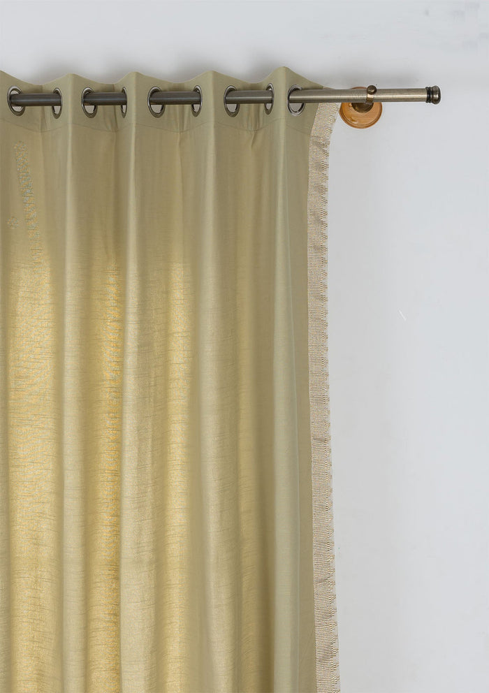 Kinari Herb Green & Gold Ethnic 100% Cotton Textured Curtain For Livingroom / Bedroom | Room Darkening | Single Piece