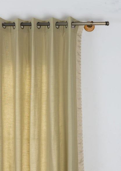 Kinari Herb Green & Gold Ethnic 100% Cotton Textured Curtain For Livingroom / Bedroom | Room Darkening | Single Piece