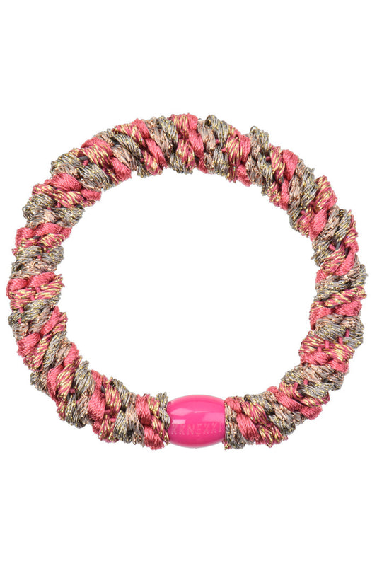 KKNEKKI Mix Rasberry Taupe glitter elastic hair tie featuring twisted raspberry, taupe, and gold-threaded fibers with KKNEKKI branded clasp. Shop KKNEKKI at Dotique.