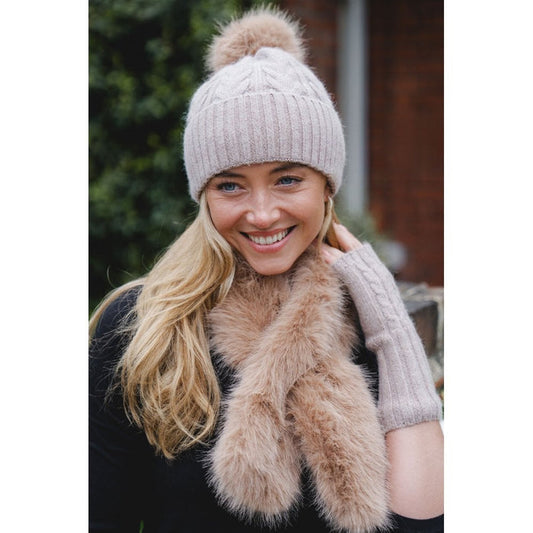 Knitted Faux Fur Bobble Hat - Cappuccino