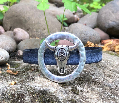 Leather Bracelet - Framed Longhorn on Weathered Navy leather