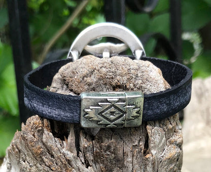 Leather Bracelet - Framed Longhorn on Weathered Navy leather