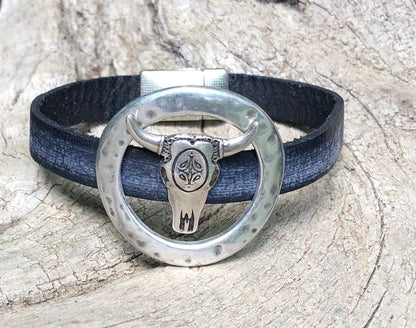Leather Bracelet - Framed Longhorn on Weathered Navy leather