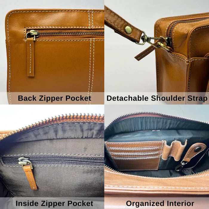 Leather Mens Clutch Bag - Travel Wallet Wrist Handbag