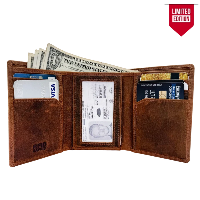 Leather Trifold Wallet for Men - Full Grain RFID Blocking with Card Slots