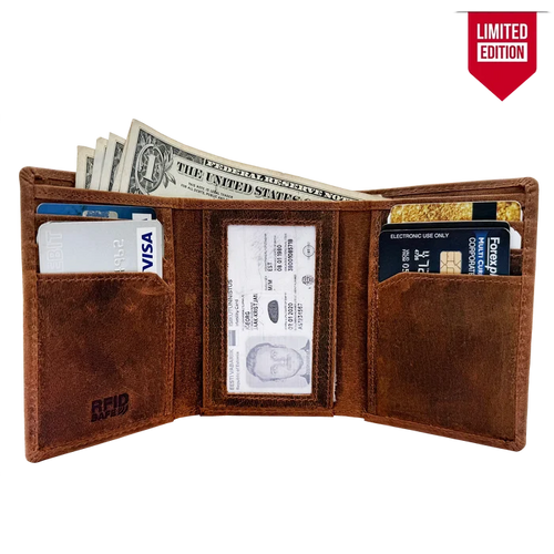 Leather Trifold Wallet for Men - Full Grain RFID Blocking with Card Slots