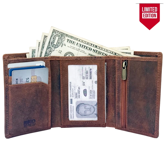 Leather Trifold Wallet for Men - Full Grain RFID Blocking with Coin Pocket