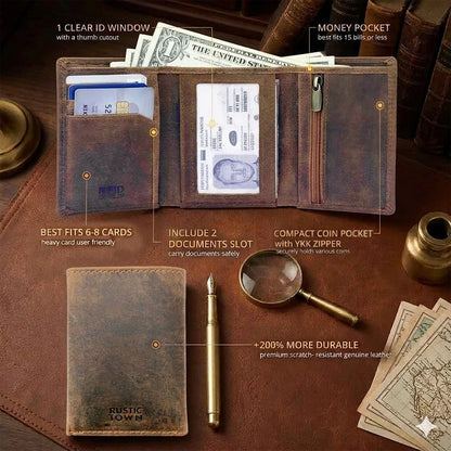 Leather Trifold Wallet for Men - Full Grain RFID Blocking with Coin Pocket