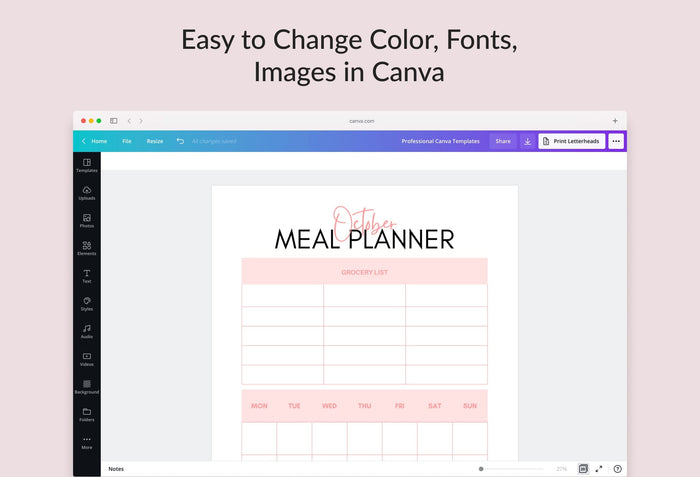 Ladystrategist Light Salmon Monthly Meal Plan Calendar Printable and Editable Canva Template instagram canva templates social media templates etsy free canva templates