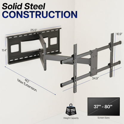 TV wall mount with dimensions and weight capacity on a white background